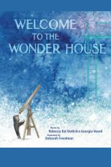 book cover for Welcome to the Wonder House, featuring a watercolor style impressionistic illustration of a penguin looking through a telescope at a star and snow splattered sky.  A green fire escape platform and ladder descend from the upper right corner of the image
