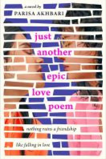 book cover for Just Another Epic Love poem, featuring a photo of two dark haired girls leaning towards each other to kiss.  The photo is broken up into irregular rectangular bars, as if each chunk of image is a redacted censor bar obscuring a word in a page full of text.  The effect makes it seem as if the title and author's name are the only words not redacted by clips of the overall photo.